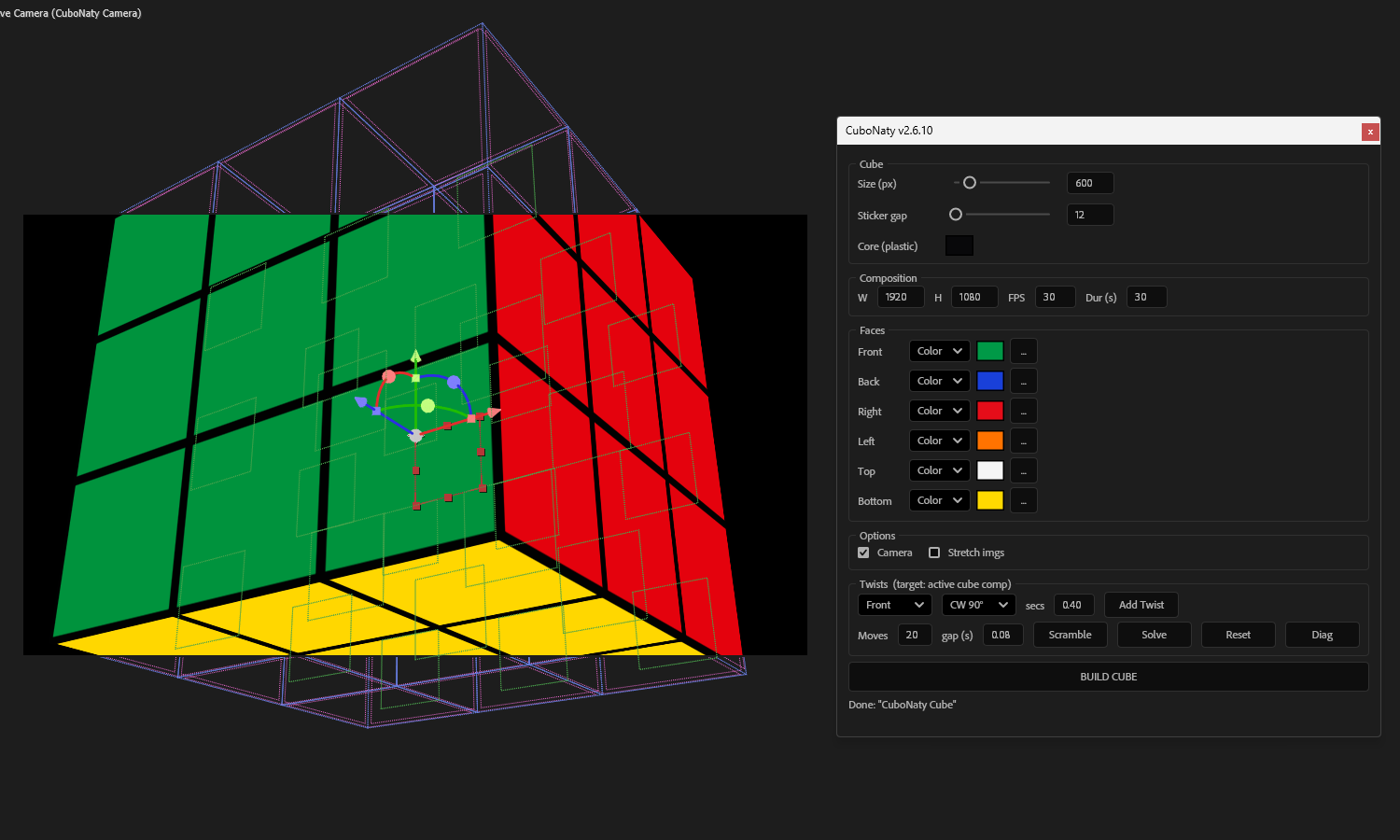 The CuboNaty panel beside a fully rendered 3D Rubik's cube in an After Effects viewport, with per-face colour controls and twist settings.