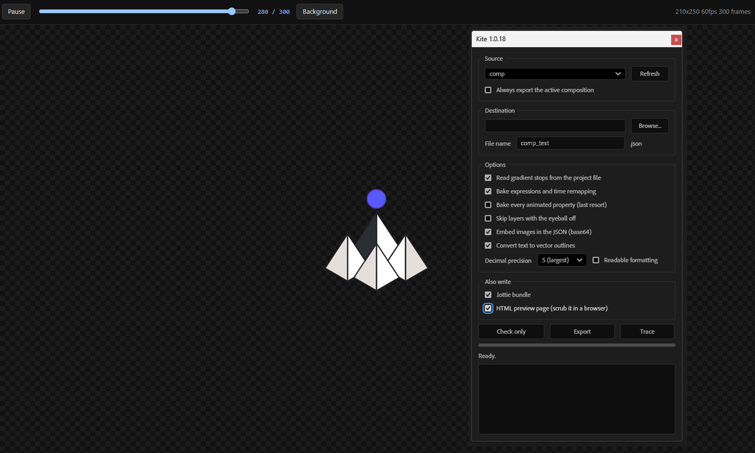 The Kite panel in After Effects: source composition, destination and export options, beside a Lottie preview playing in the viewer.
