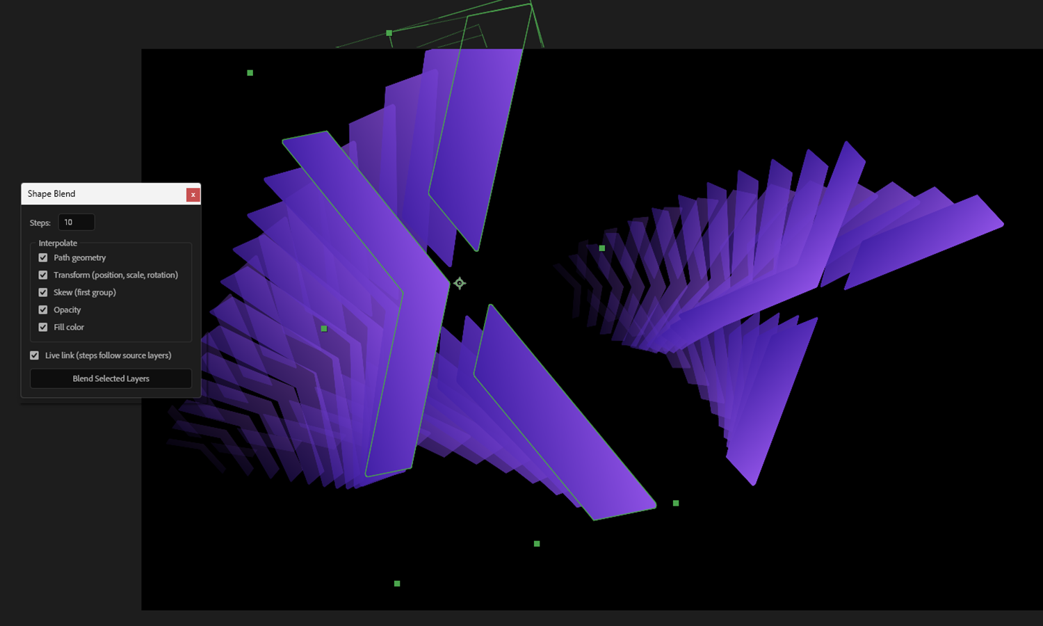 The Shape Blend panel with its interpolation options, beside two purple shape layers blended into a fan of intermediate steps.